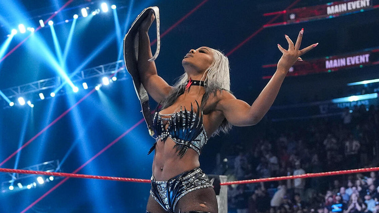 Jade Cargill celebrating with the WWE Women's Championship